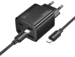 HOCO N55 reisilaadija | 20W | PD, QC, PPS | USB-C, USB-A | USB-C kuni Lightning kaabliga komplektis | must