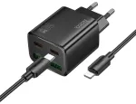 HOCO N56 reisilaadija | 30W | PD, QC, PPS | USB-C, USB-A | USB-C kuni Lightning kaabliga komplektis | must