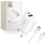 Tech-Protect NCA45W-GAN reisilaadija | 45W | PD, QC, GaN | USB-C, USB-A | USB-C kuni Lightning kaabliga komplektis | valge