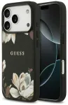 Guess Grained Flowers Classic Logo telefoni&uuml;mbris MagSafe toega iPhone 17 Pro jaoks, must
