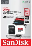 SanDisk m&auml;lukaart Ultra Android microSDXC 64GB 140MB/s A1 Cl.10 UHS-I + adapter