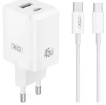 XO CE36 reisilaadija | 45W | PD | USB-C, USB-A | USB-C kuni USB-C kaabliga komplektis | valge