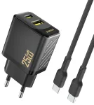 Dudao A26TCEU reisilaadija | 25W | PD, QC, GaN | USB-C, USB-A | USB-C kuni USB-C kaabliga komplektis | must