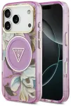 Guess IML Glitter Flowers Triangle telefoni &uuml;mbris MagSafe toega iPhone 17 Pro | iPhone 18 Pro lilla