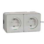 Schneider Electric MUR39035 &mdash; Double pistikupesa Mureva Styl, 2P+E, 16 A, 250 V, IP55, IK08, Shutters, Side Earth, Surface-Mounted, White