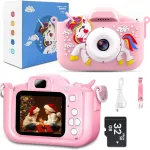 Laste digitaalne fotokas Unicorn 48Mpx selfiefunktsiooni ja 32GB kaardiga, Poola men&uuml;&uuml;ga