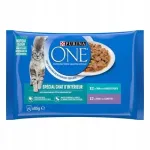 Purina ONE Indoor m&auml;rg kassitoit tuunikala ja vasikalihaga, 4 x 85 g