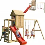 Puidust m&auml;ngumaja SQUARE TOYS libedaga, kiikumise ja liivakastiga FUNGOO