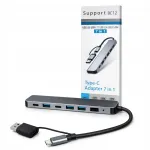 USB hub 7in1, USB-A/C, 3.0/2.0, metallist
