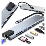USB-C 8-&uuml;hes pesade adapter: HDMI 4K 60Hz, RJ45, PD 100W, SD, TF, 2x USB-A