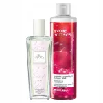 Kosmeetikakomplekt AVON: pihusti Rare Pearls 75 ml ja vaarika du&scaron;igeel 250 ml