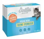 Smilla Young Sterilised m&auml;rg kassipoja toit l&otilde;he ja k&ouml;&ouml;giviljadega kastmes, 12 x 85 g