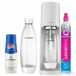 Sodastream Terra valge gaseerimisseade kasseti, n&otilde;udepesumasinas pestava pudeli ja Pepsi siirupiga