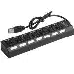 Kompaktne must USB jaotur 7 pesaga ja toitekontrolliga