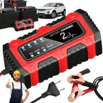 Automaatne akulaadija 165&ndash;240V LCD-ekraaniga, mootorratastele ja muruniidukitele, punane
