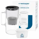 Wessper D2 borosilikaatklaasist filtreeriv veepurk 3 l must, 2 filtriga