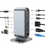 USB-C jagaja 12-&uuml;hes: 4x USB, HDMI, SD, VGA, LAN, k&otilde;rvaklappide pesa
