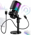 Stuudiomikrofon USB/Type-C, kondensaator ja pop-filter, RGB-valgustusega