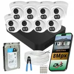 Kuplikujuliste kodu j&auml;relevalvekaamerate komplekt 8 tk 4K 8Mpx DVS IP PoE 1TB Audio LED