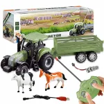 Puldiga juhitav traktor haagise ja loomadega, akuga, USB laadimisega