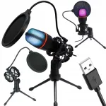 Stuudiomikrofon USB RGB-valgustusega, statiiviga, arvutile, otse&uuml;lekannetele ja m&auml;ngudele, kardioidne