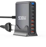 Laualaadija GaN, 530 W, 8 pesa, USB-C PD140W, QC3.0, koos aluse ja kaabliga