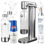Roostevabast terasest gaseeritud vee valmistaja kahe veepudeli ja SodaStream siirupiga