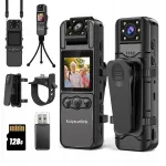 Keha kaamera 4K resolutsiooniga, &ouml;&ouml;n&auml;gemisega, 128 GB m&auml;luga, LCD-ekraan, 6-tunnise t&ouml;&ouml;ajaga
