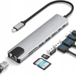 USB-C 8-&uuml;hes multifunktsionaalne adapter: USB 3.0, SD/TF kaardi lugeja, HDMI 4K, PD laadimine, LAN RJ45, USB-C, MHL, Thunderbolt 3 &uuml;hilduv