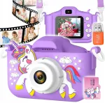 Laste digitaalne kaamera LCD 40MP unicorn USB violetne 32GB SD-kaardiga