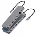 USB-C jagaja MacBook Air/Pro M1/M2/M3, 13 porti: 2x HDMI, USB, SD, VGA, RJ45, 100W PD