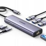 Ugreen USB-C 6in1 jagaja, HDMI, 3xUSB-A, RJ45, 100W PD, 5Gb/s, 4K 30Hz