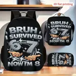 Seljakott, l&otilde;unas&ouml;&ouml;gikarp ja pliiatsikott &bdquo;Bruh I Survived&ldquo;, 3-osaline komplekt
