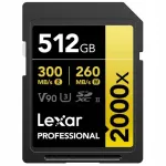 Lexar SDXC Pro 2000X UHS-II U3 R300/W260 V90 512GB m&auml;lukaart