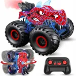 Puldiga juhitav dinosaurusemikuniga RC auto LED-tuled, suitsu ja 360&deg; p&ouml;&ouml;ramisega