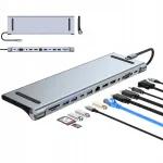 12-in-1 USB-C dokk s&uuml;learvutile, 2x HDMI 4K, VGA, SD, TF, RJ45