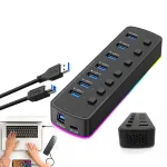 USB-jaotus 7x USB 3.0, aktiivne, USB-C, RGB LED, 5 Gb/s
