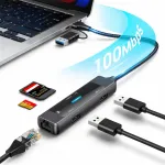 USB-hub 5 liidest, USB 3.0, RJ45, USB-C, USB-A, SD/TF kaardi lugeja