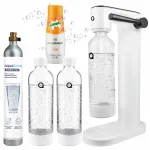 Gaasisveega vee valmistaja koos 2 veepudeliga ja SodaStream Mirinda siirupiga