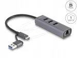 USB jagaja Delock 64282, 3 pesa, 5 Gbps, gigabit LAN, USB-C ja USB-A