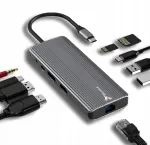 USB jagaja 10in1, HDMI 2.1 4K 144Hz, DisplayPort 1.4, RJ45 gigabit, PD 100W