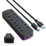 USB HUB Splitter, 7x USB 3.0, USB-C, RGB LED, 5 Gb/s