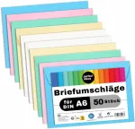 DIN C6 &uuml;mbrikud, 50 tk, 5 pastelses toonis, taaskasutatud paber, valmistatud Saksamaal