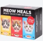 Meow m&auml;rg kassitoit kana, veise- ja kalkunilihaga kastmes, 1,2 kg