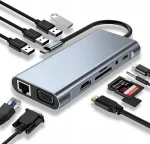 USB-C 11-in-1 jagaja: HDMI, SD, TF, RJ45 LAN 100 Mbps, VGA, 3,5 mm audio