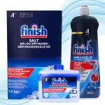 FINISH n&otilde;udepesumasinate hoolduskomplekt: sool 1,5 kg, puhastusvahend 250 ml, loputusvahend 800 ml