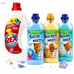 Pesugeel SET REX v&auml;rvilistele riietele 3 l + KUSCHELWEICH loputusvedelik 3 x 1 l, komplekt