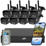 Videovalve s&uuml;steem 8 WiFi kaameraga, must v&auml;line salvestusseade, 2TB ketas