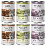 Wolf of Wilderness koeratoit hirve-, hane- ja lambalihaga t&auml;iskasvanutele, 6 x 400 g