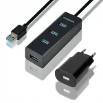 USB jagaja HUE-S2BP, 4 pesa, USB 3.2 Gen 1, 1,2 m kaabel, toiteadapter